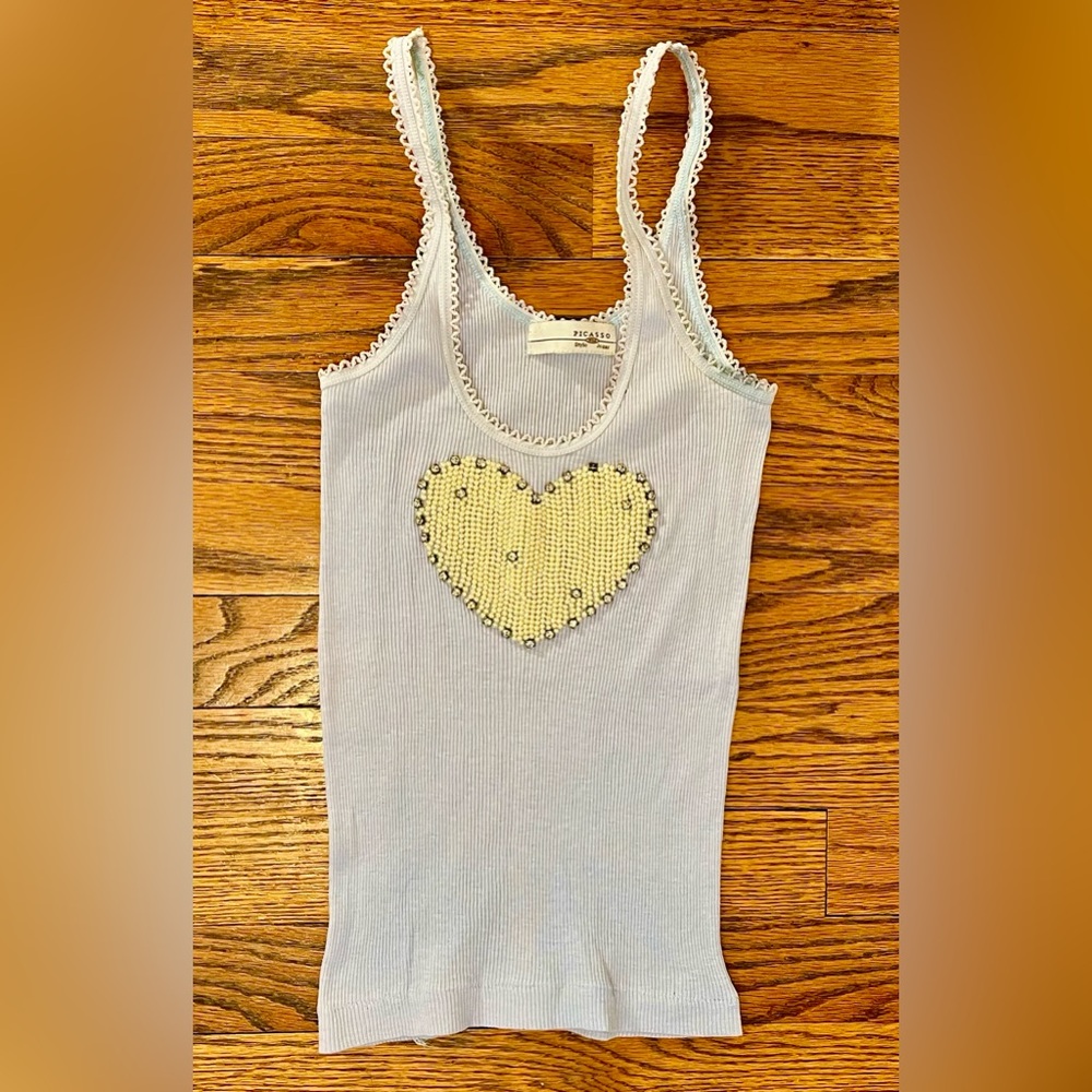 Girls Picasso Pale Blue Tank Top with Ivory Beaded Heart